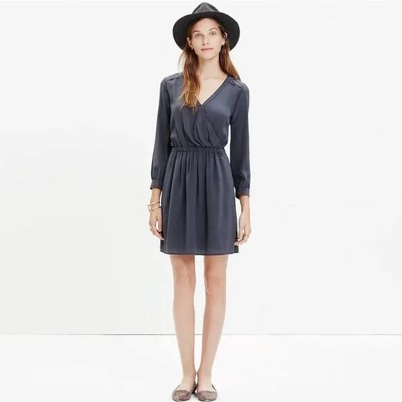 Madewell Dresses & Skirts - MADEWELL Women Navy Blue Long Sleeve Silk Faux Wrap Mini Dress Size Small